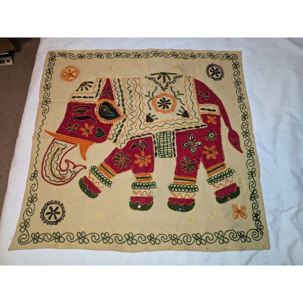 Vintage Indian ELEPHANT Wall Hanging Hand Stitched W/ Mirrors Tapestry 30